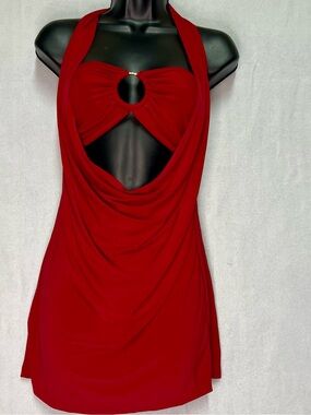 Y2K Vintage Red Cutout Halter Mini Dress/Top Plunge Cowl Neck Clubwear Large NWT